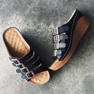 Italina Black Adjustable Buckle Comfort Wedge